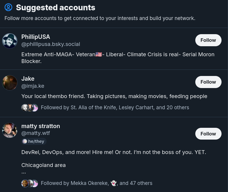 Bluesky's suggested accounts view, showing new accounts to follow