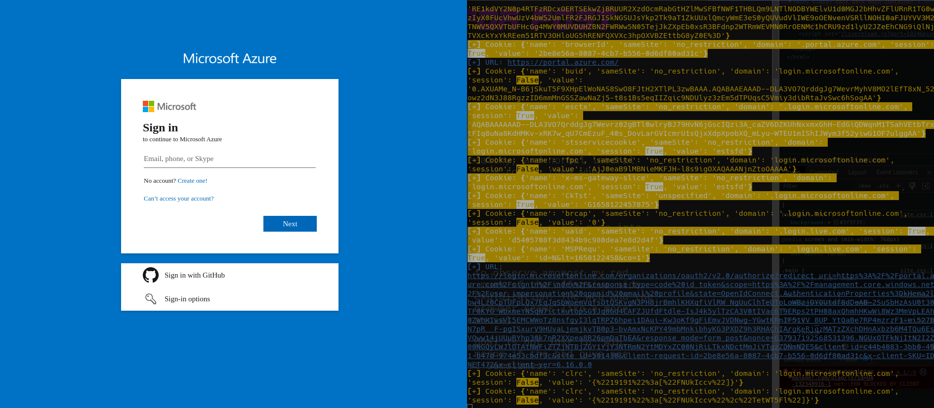 Crux showing Azure login form