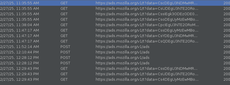 proxy logs showing data from ads.mozilla.org