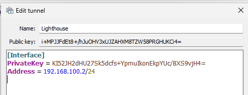 Wireguard new tunnel interface showing the name, public key, private key, and address.