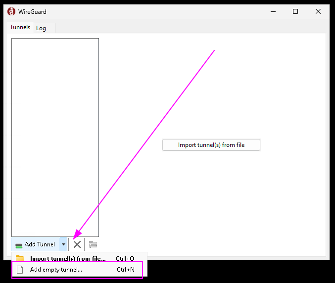 Wireguard window with an arrow pointing to the bottom left of the interfaces, and a rectangle highlighting the add empty tunnel option.